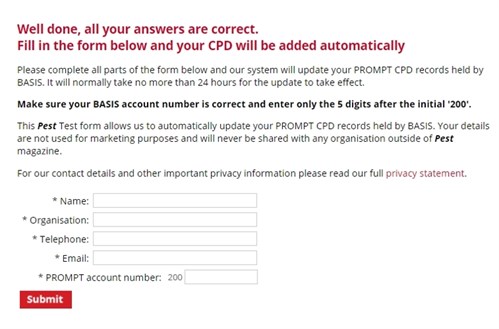 Pest test success form